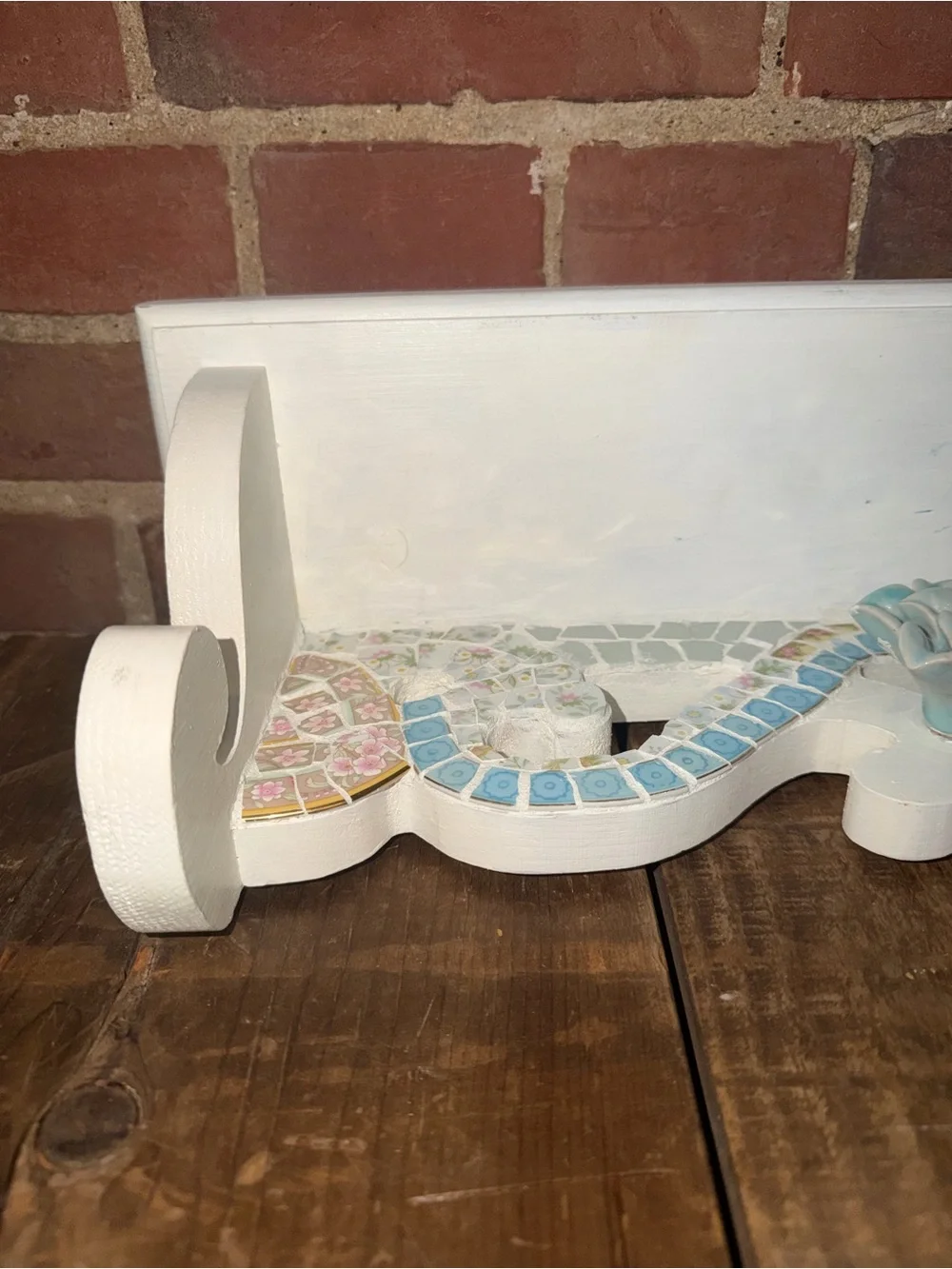 White Decorative Wall Shelf with Pastel Mosaic Accent Beach Coral Floral